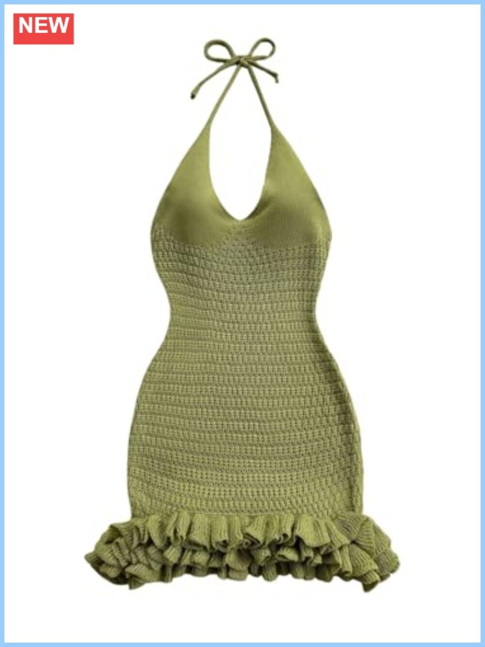 Crochet Halter Mini Dress Sleeveless Backless Ruffle Hem Summer Vacation